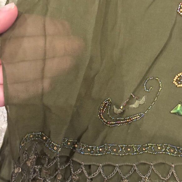 Sue Wong 100% Silk Scarf Shawl Large Army Green Brown Sheer Lace Hand Beaded #1 - Picture 5 of 16